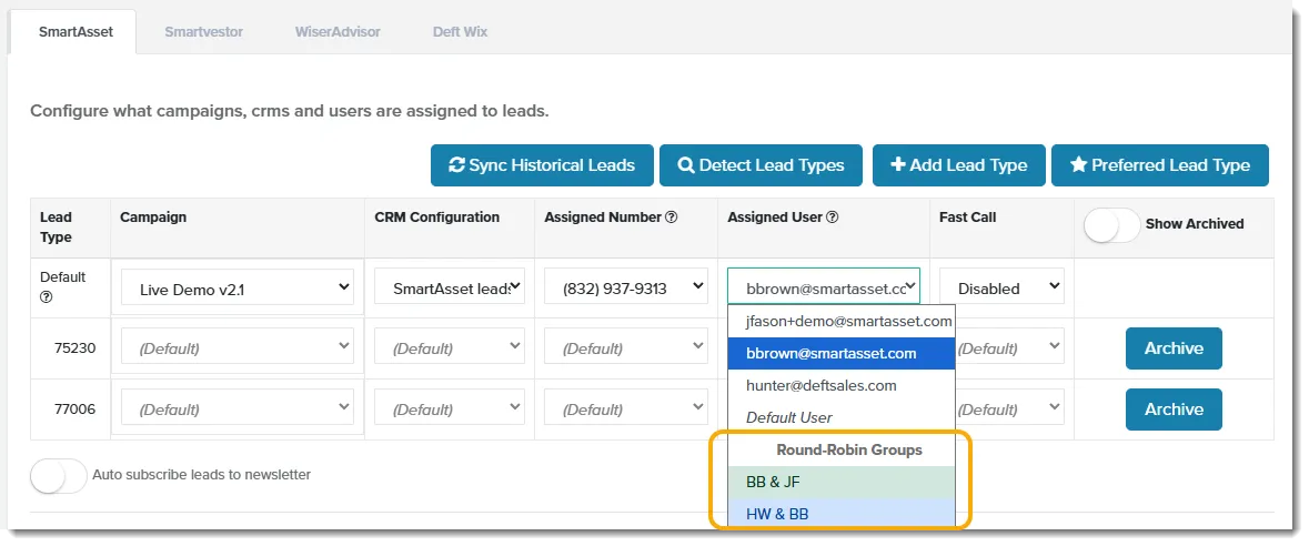 Assigned User dropdown listing user emails, Default User and two Round-Robin Groups