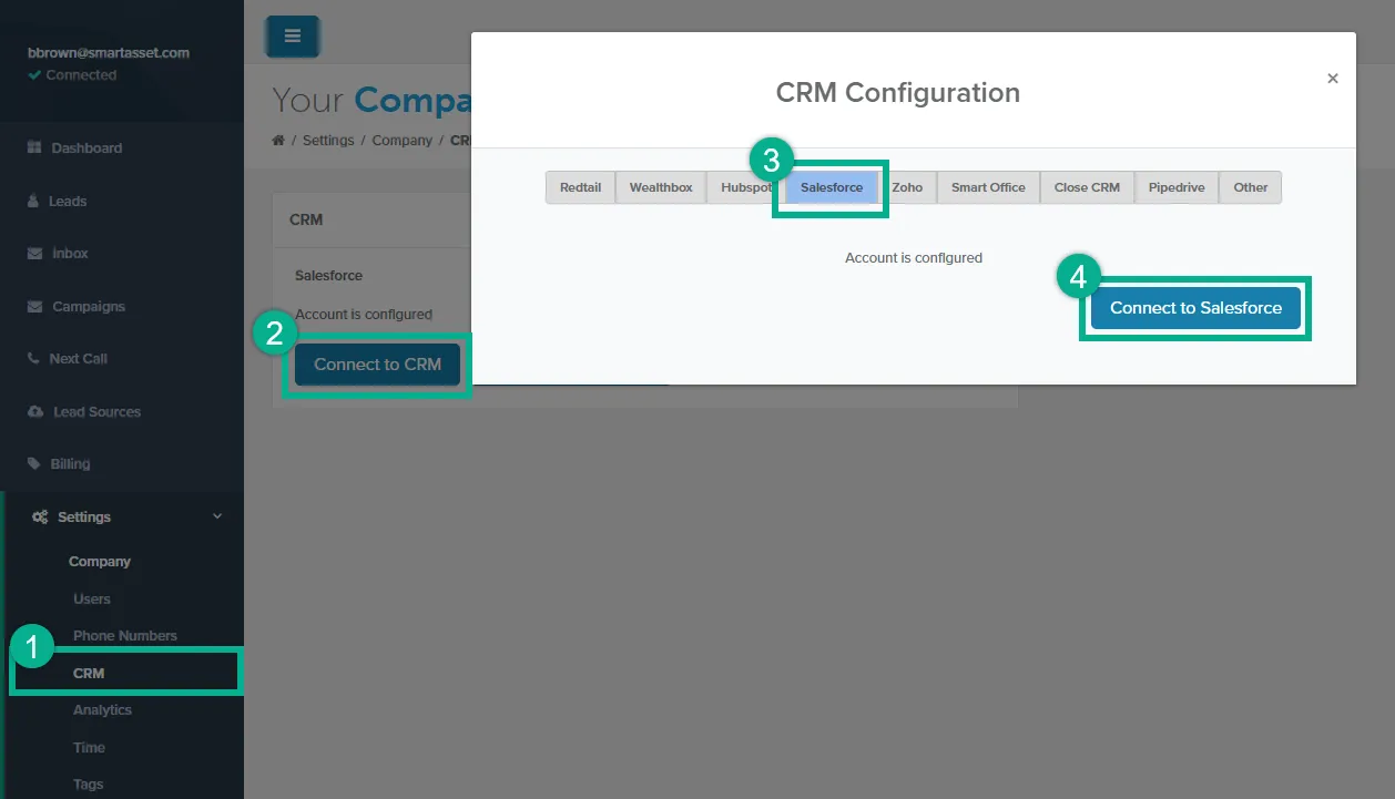 CRM page and CRM Configuration window with the CRM menu item, Connect to CRM, the Salesforce tab, and Connect to Salesforce highlighted