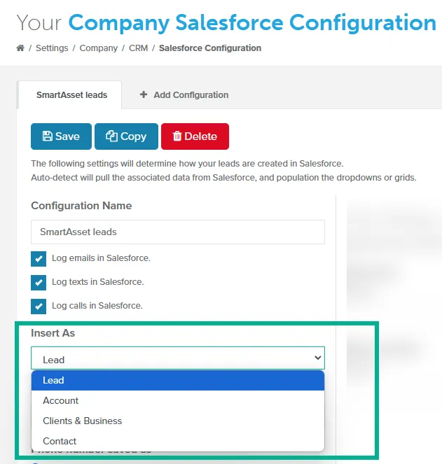 Insert As dropdown listing Lead, Account, Clients & Business, and Contact