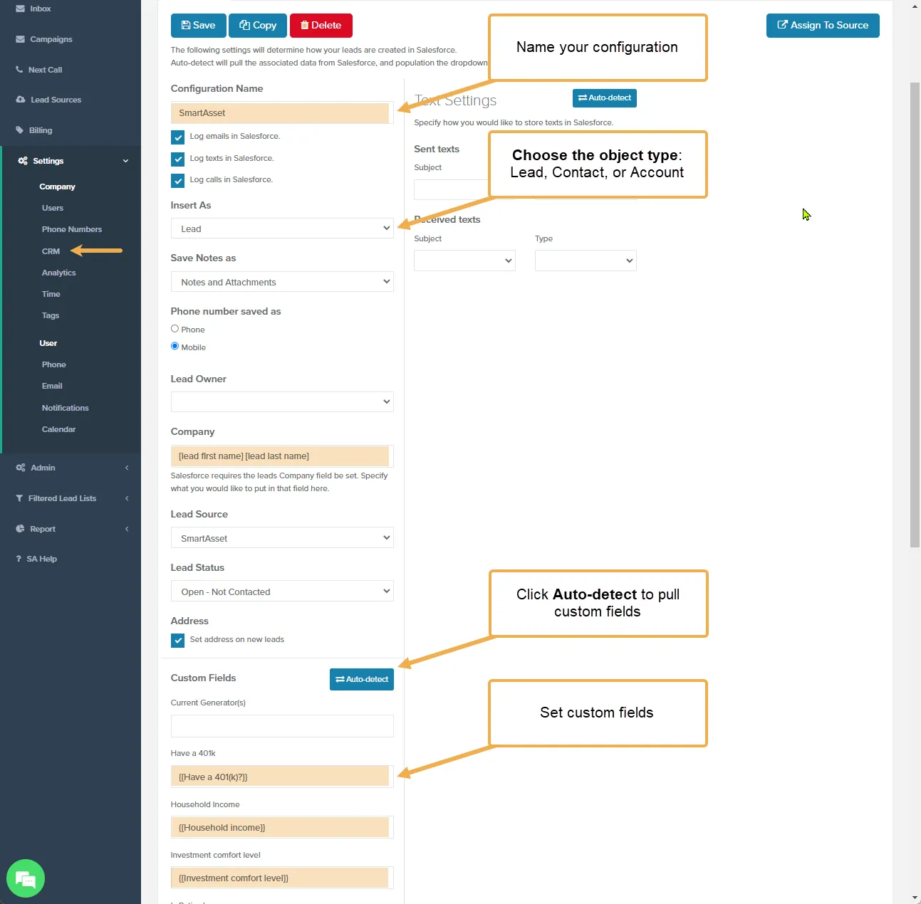 Salesforce configuration page with the configuration name, Insert As, owner, company, and custom fields