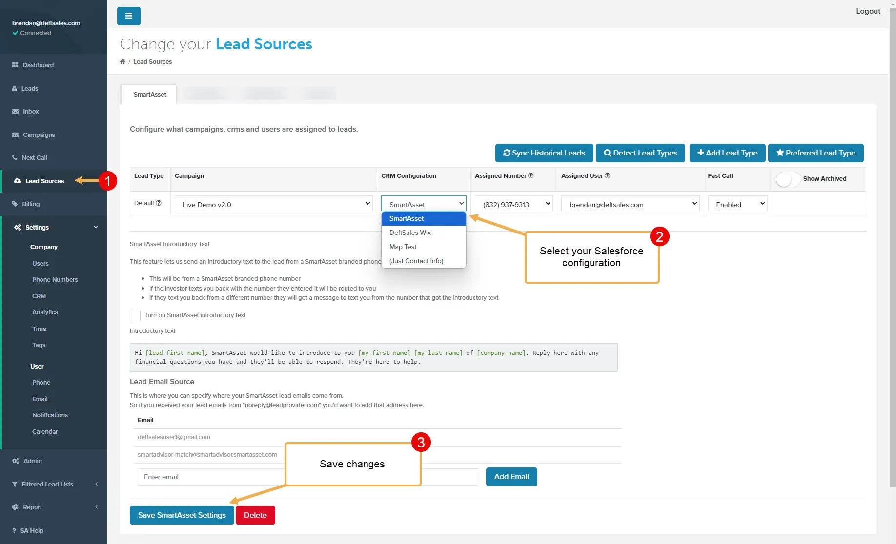 Lead Sources page with a Salesforce configuration selected in the CRM Configuration column and the Save SmartAsset Settings button