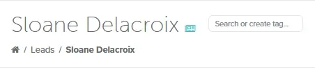 Lead details header with the Search or create tag box beside the lead's name