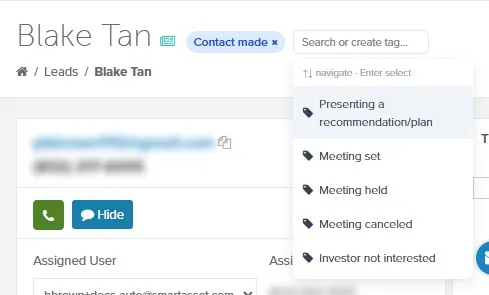 Tag list open under the Search or create tag box, with a tag already applied