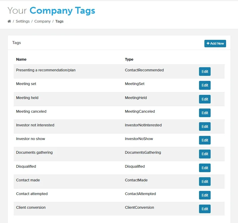 Your Company Tags page listing tags with Add New and Edit buttons