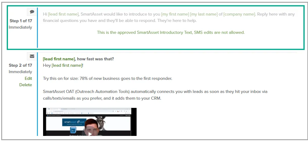 Campaign step showing the SmartAsset introductory text and the note that SMS edits are not allowed