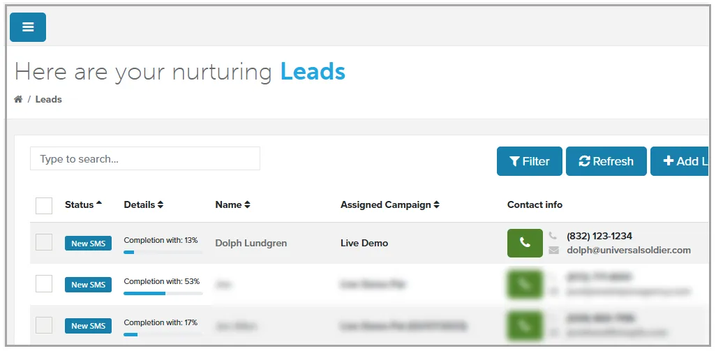 Leads page sorted by status with three leads showing the New SMS status