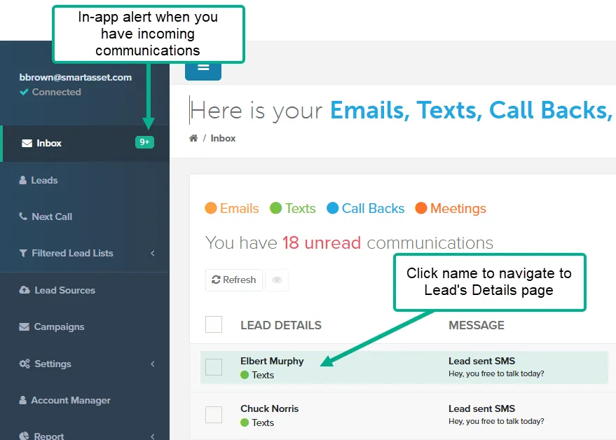 Side nav Inbox item with an unread count next to the Inbox list of incoming texts