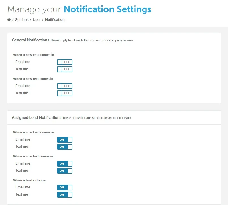 Notification Settings page with the Email me and Text me switches under When a new text comes in