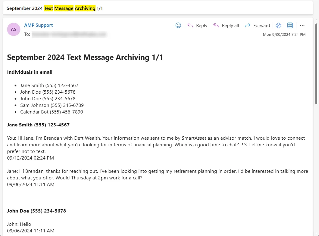 Example monthly text message archiving email listing each lead’s text conversation
