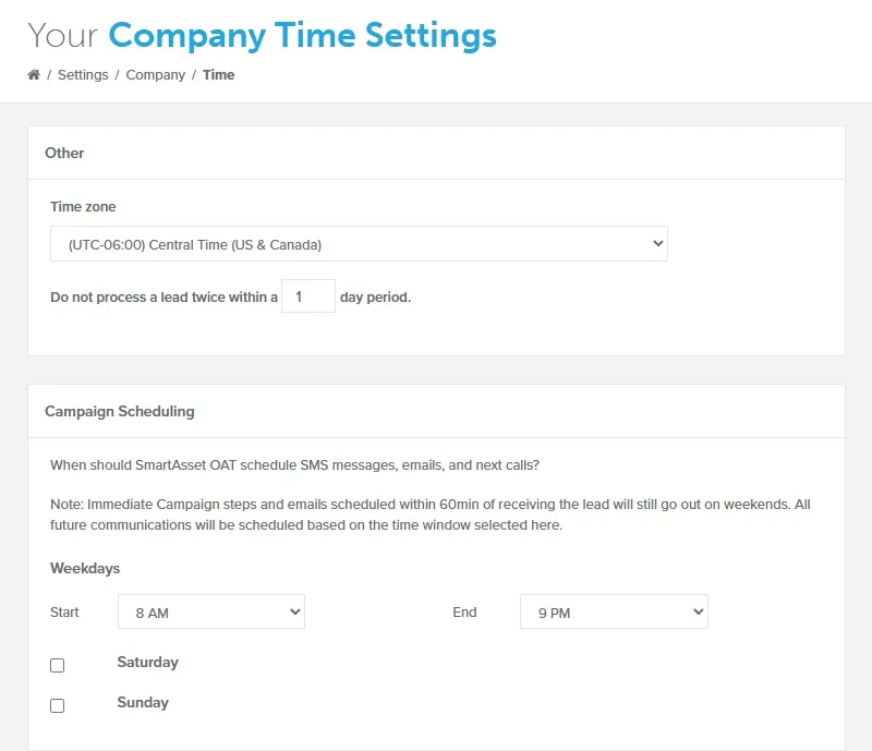 Company Time Settings page with the time zone, weekday start and end times, and Saturday and Sunday checkboxes