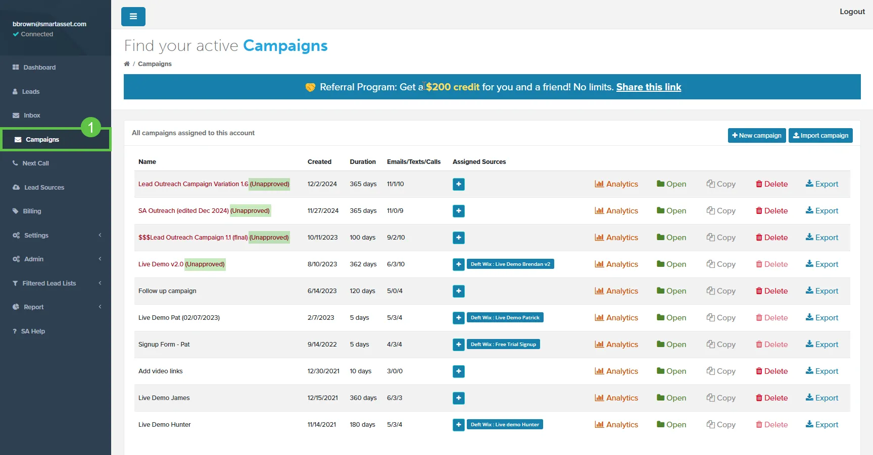 Campaigns page listing campaigns with (Unapproved) after some names