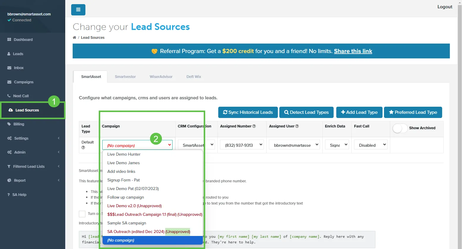 Lead Sources Campaign dropdown showing unapproved campaigns in red