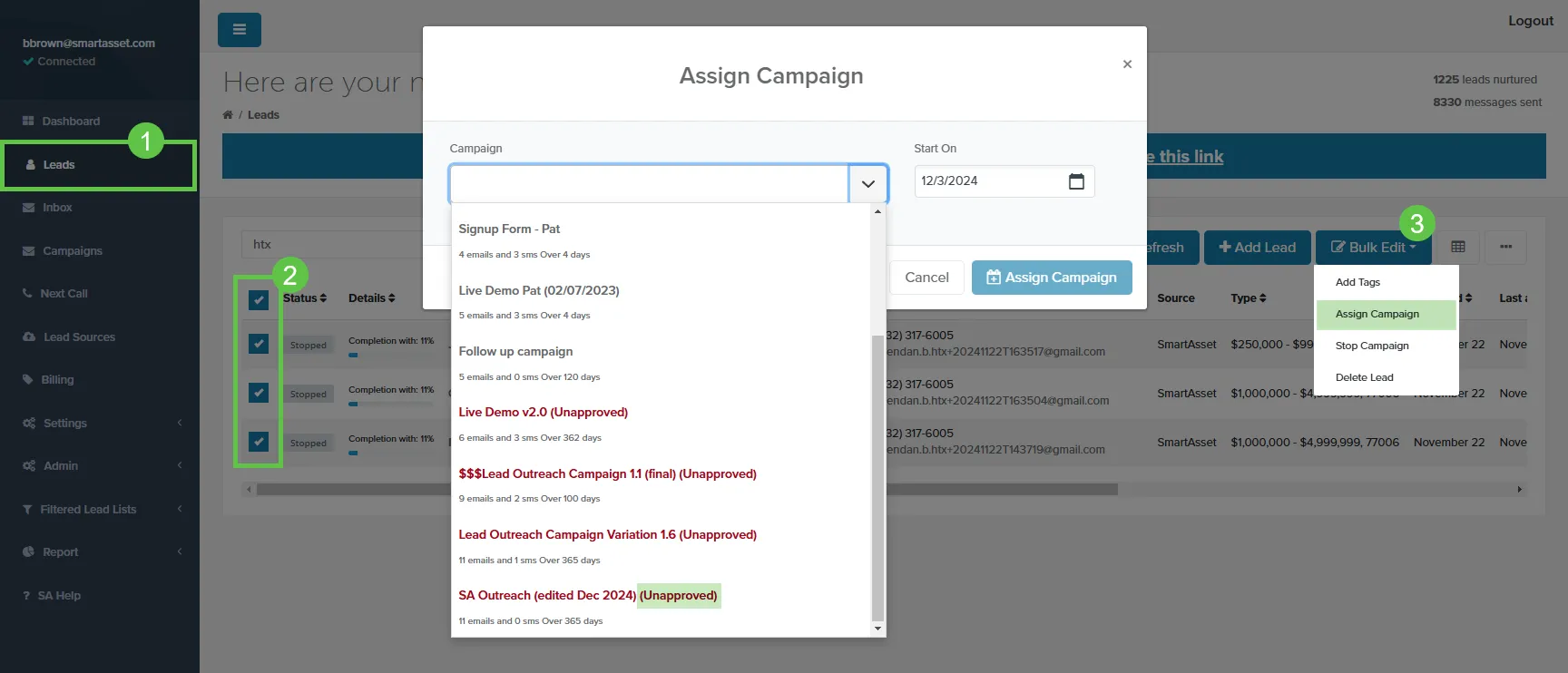 Assign Campaign window from Bulk Edit listing unapproved campaigns
