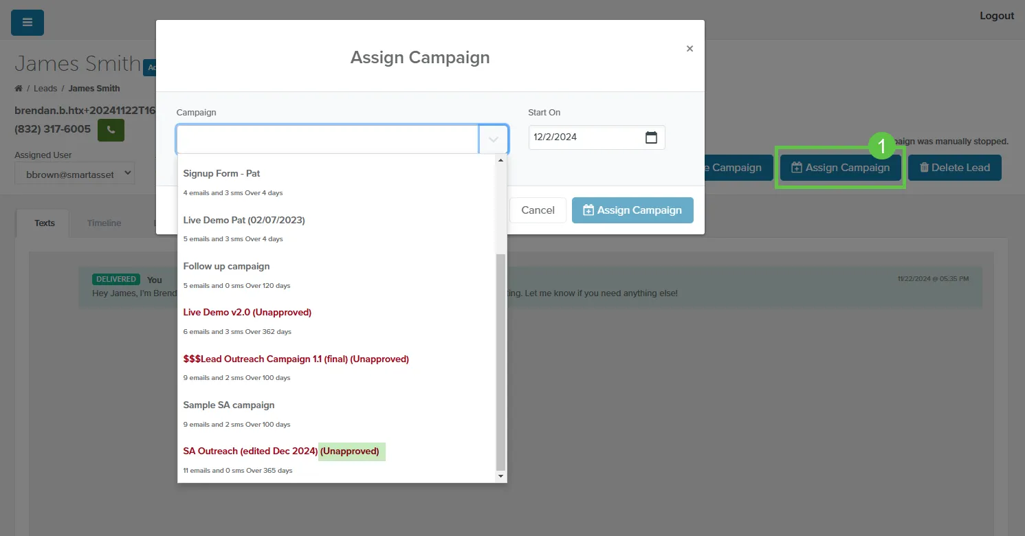 Assign Campaign window on a lead’s page listing unapproved campaigns
