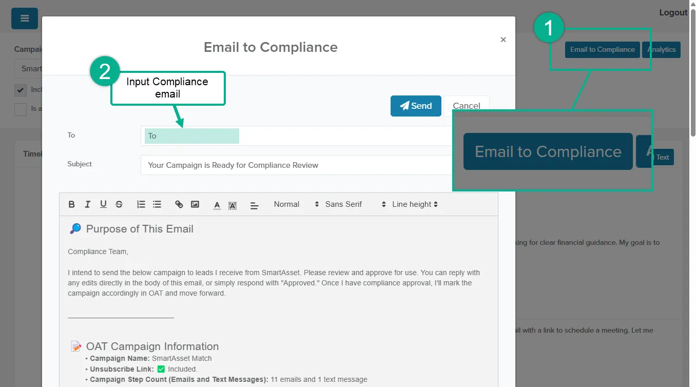 Email to Compliance window with To, Subject and a prefilled message