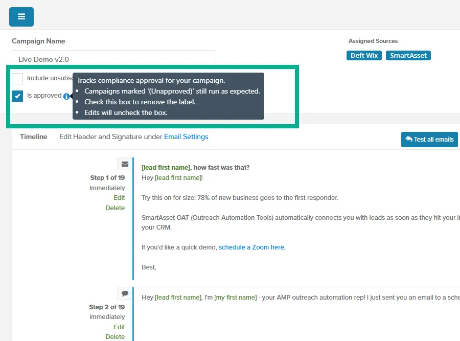 Campaign page with Is approved checked and its info tooltip