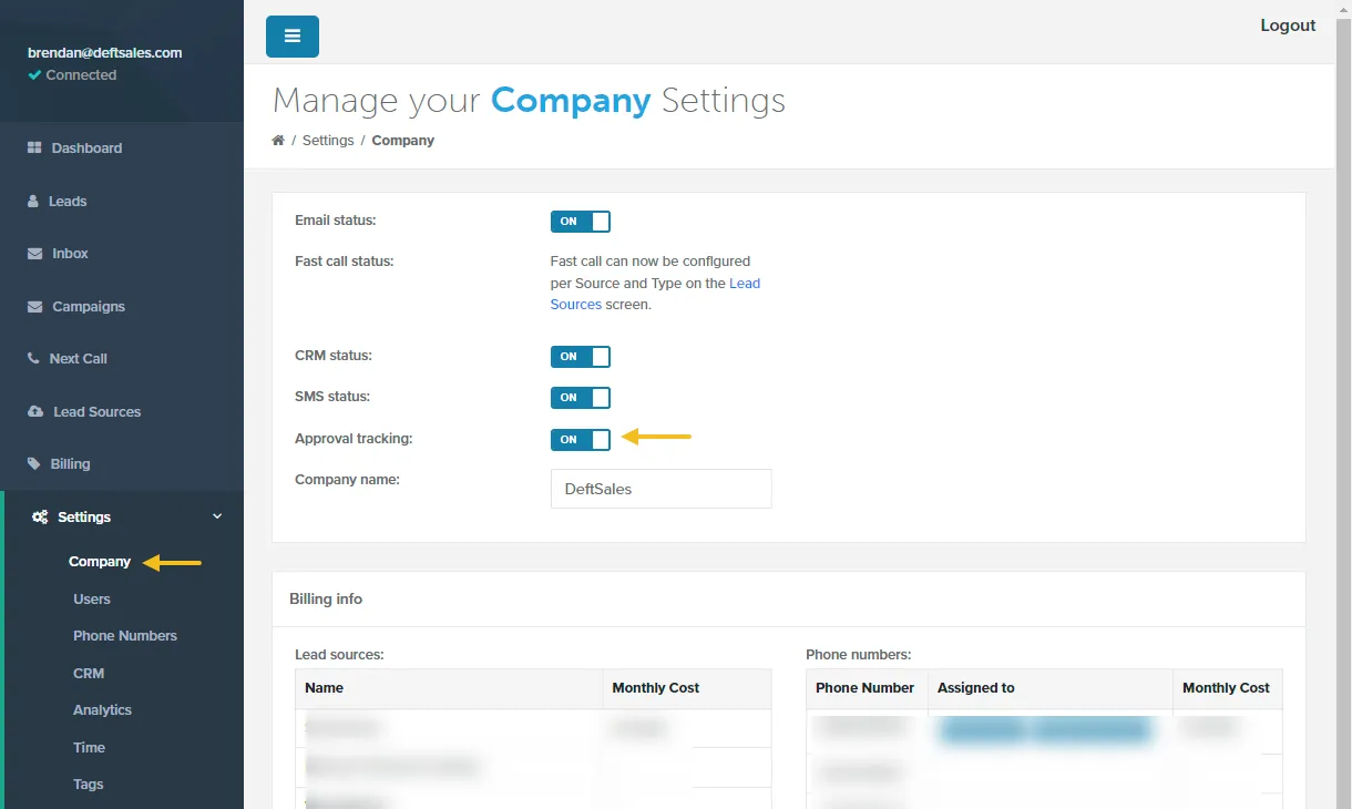 Company Settings page with the Approval Tracking switch turned on